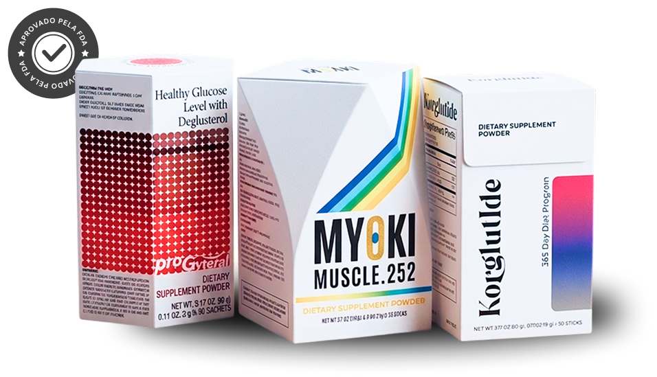 Embalagens dos produtos ProGsterol, Myoki e Korglutide