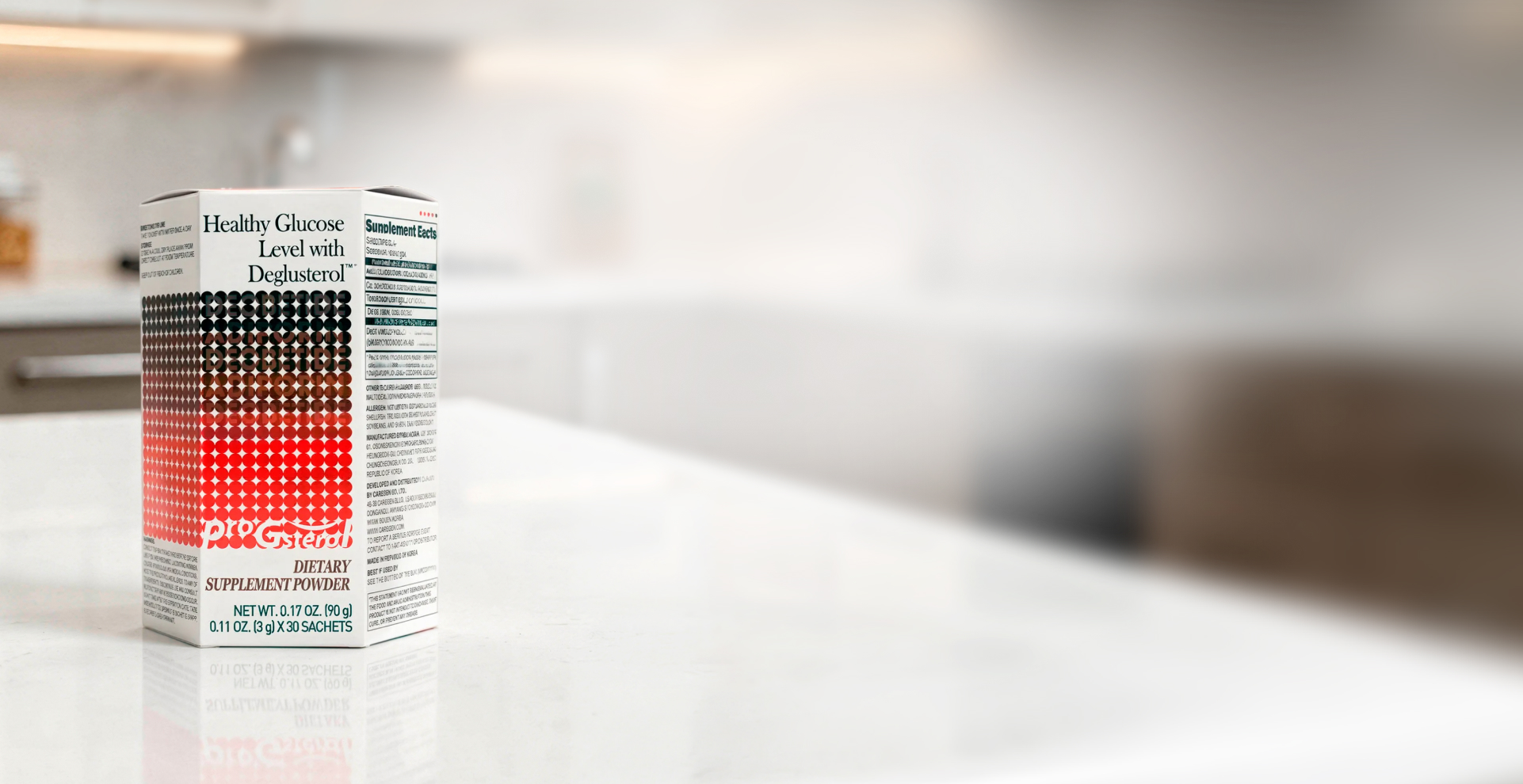 Embalagem ProGsterol sobre uma bancada de cozinha
